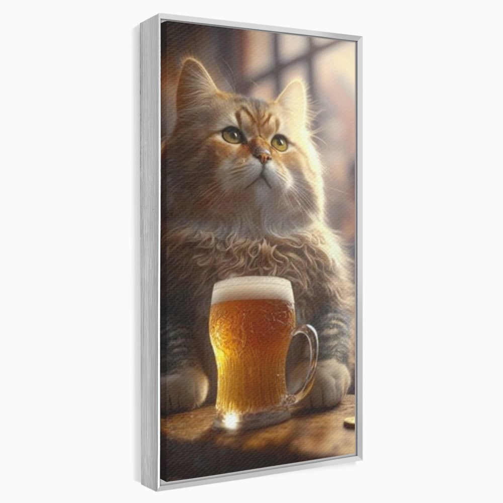 Tablou canvas cu tablou canvas cu motan pufos si halba de bere, in rama de aluminiu argintiu